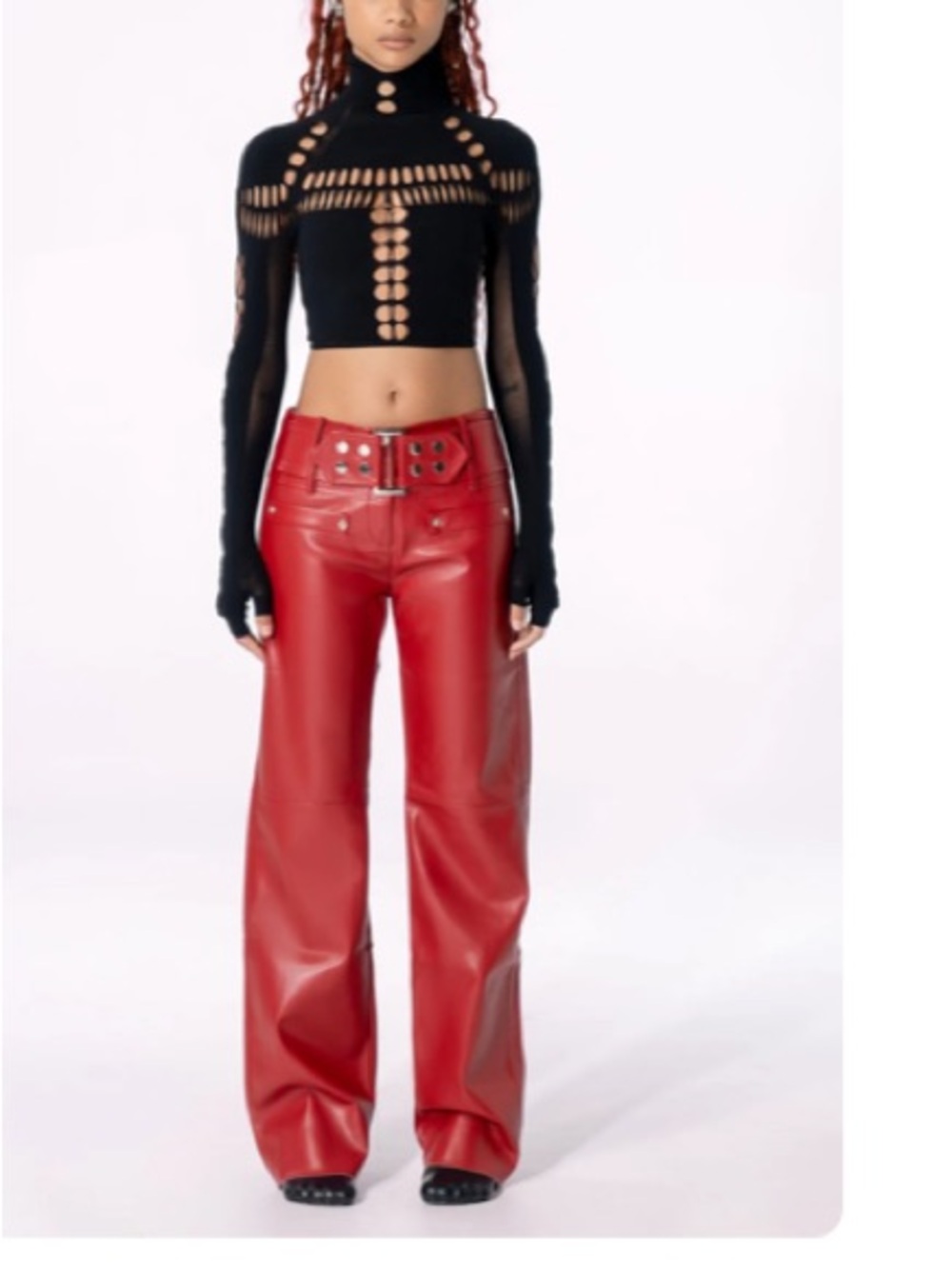 High-Rise Wide Leg Faux Leather Pants - Red